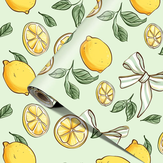 Lemon Wallpaper 15.7"x39.4" Peel and Stick Vinyl Contact Paper Self Adhesive Removable Citrus Fruit Green Leaf Bow Summer Wall Mural for Kitchen Bedroom Living Room Home Decor