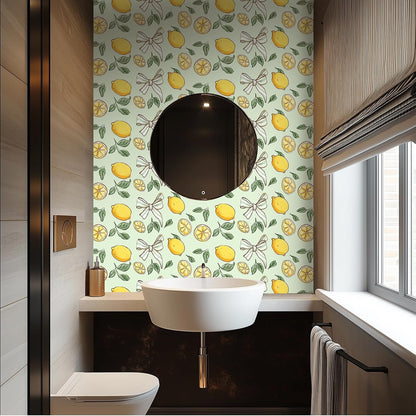 Lemon Wallpaper 15.7"x39.4" Peel and Stick Vinyl Contact Paper Self Adhesive Removable Citrus Fruit Green Leaf Bow Summer Wall Mural for Kitchen Bedroom Living Room Home Decor