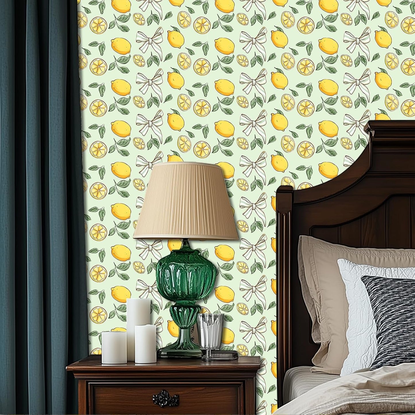 Lemon Wallpaper 15.7"x39.4" Peel and Stick Vinyl Contact Paper Self Adhesive Removable Citrus Fruit Green Leaf Bow Summer Wall Mural for Kitchen Bedroom Living Room Home Decor