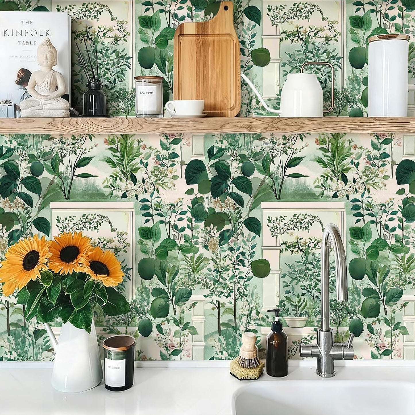 Watercolor Lemon Floral Wallpaper Peel and Stick Removable 17.7" x 118.11" Yellow Citrus Pink Flower Green Leaf Wall Paper Self Adhesive for Classroom Bedroom Laundry Room Bathroom