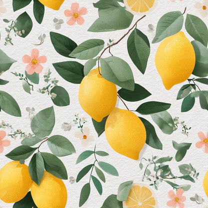 Watercolor Lemon Floral Wallpaper Peel and Stick Removable 17.7" x 118.11" Yellow Citrus Pink Flower Green Leaf Wall Paper Self Adhesive for Classroom Bedroom Laundry Room Bathroom