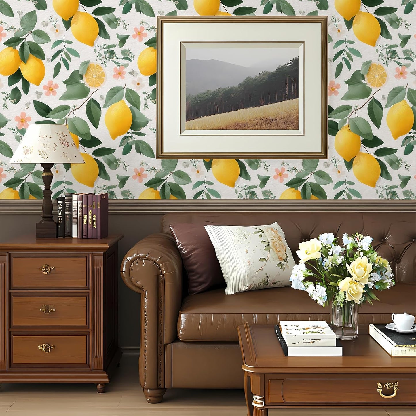 Watercolor Lemon Floral Wallpaper Peel and Stick Removable 17.7" x 118.11" Yellow Citrus Pink Flower Green Leaf Wall Paper Self Adhesive for Classroom Bedroom Laundry Room Bathroom