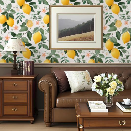 Watercolor Lemon Floral Wallpaper Peel and Stick Removable 17.7" x 118.11" Yellow Citrus Pink Flower Green Leaf Wall Paper Self Adhesive for Classroom Bedroom Laundry Room Bathroom
