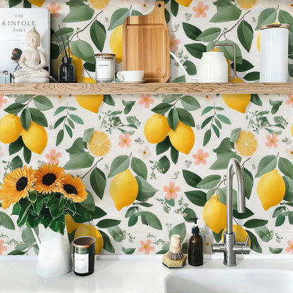 Watercolor Lemon Floral Wallpaper Peel and Stick Removable 17.7" x 118.11" Yellow Citrus Pink Flower Green Leaf Wall Paper Self Adhesive for Classroom Bedroom Laundry Room Bathroom