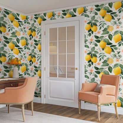 Watercolor Lemon Floral Wallpaper Peel and Stick Removable 17.7" x 118.11" Yellow Citrus Pink Flower Green Leaf Wall Paper Self Adhesive for Classroom Bedroom Laundry Room Bathroom