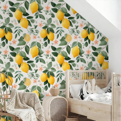 Watercolor Lemon Floral Wallpaper Peel and Stick Removable 17.7" x 118.11" Yellow Citrus Pink Flower Green Leaf Wall Paper Self Adhesive for Classroom Bedroom Laundry Room Bathroom