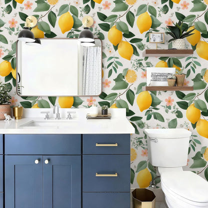 Watercolor Lemon Floral Wallpaper Peel and Stick Removable 17.7" x 118.11" Yellow Citrus Pink Flower Green Leaf Wall Paper Self Adhesive for Classroom Bedroom Laundry Room Bathroom
