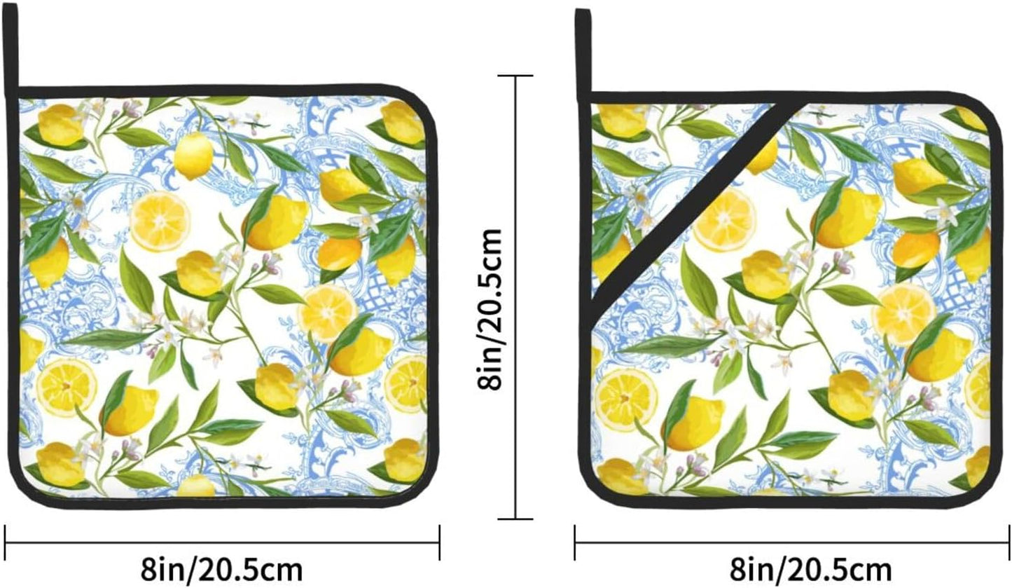 Lemon Pot Holders 2 PCS for Kitchen, Flower Heat Resistant Hot Pads for Cooking Grilling Baking BBQ Tropical Fruits Leaves Pot Holders Cook Essentials Accessories Home Microwave