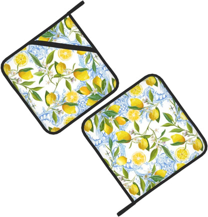 Lemon Pot Holders 2 PCS for Kitchen, Flower Heat Resistant Hot Pads for Cooking Grilling Baking BBQ Tropical Fruits Leaves Pot Holders Cook Essentials Accessories Home Microwave