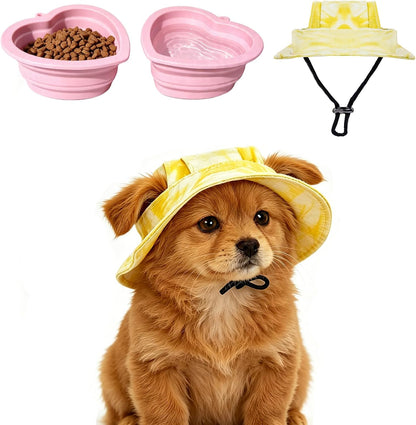 3 Pack Dog Collapsible Bowl & Sun Hat, Pet Cap with Ear Hole, Yellow, S | Adjustable Summer UV protection Fisherman Hats, Portable and Lightweight Feeding Bowls, for Outdoor Travel Walking Hiking