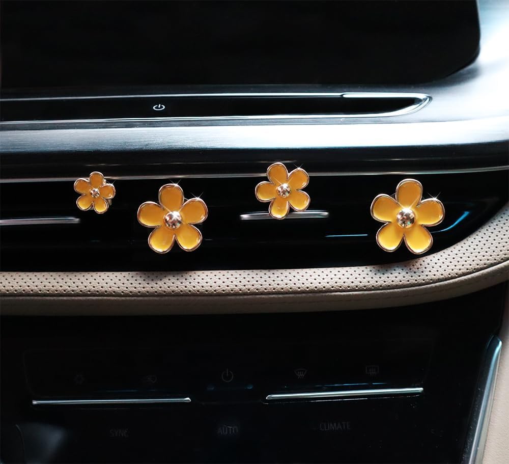 ORIESSE Flowers Air Vent Clips,Daisy Car Air Freshener,4pcs Yellow Flower Car Accessories for Women,Lavender Scent,Dashboard Decorations,Refillable Clips On Air Freshener
