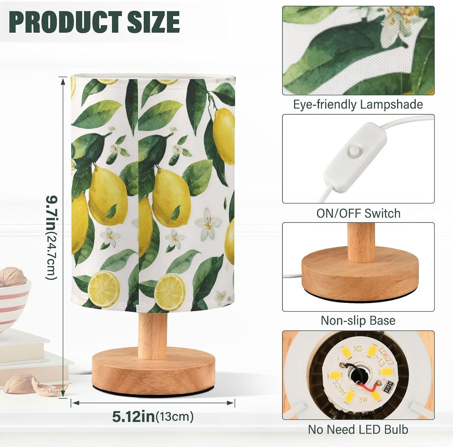 Bedside Table Lamp Lemon Yellow Citrus Fruits (8) Kids Nightstand Lamp Night Light Fabric Shade for Bedroom Living Room Home Office