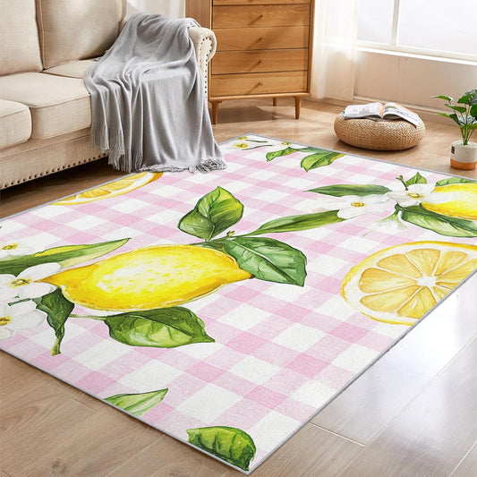 5x7 Lemon Rugs for Bedroom Decor, Washable Watercolor Fruit Pattern Area Rug, Living Room Home Decoration, Non Slip Soft Thin, Pink Plaid Decor Carpet PF-P 44
