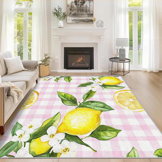 5x7 Lemon Rugs for Bedroom Decor, Washable Watercolor Fruit Pattern Area Rug, Living Room Home Decoration, Non Slip Soft Thin, Pink Plaid Decor Carpet PF-P 44