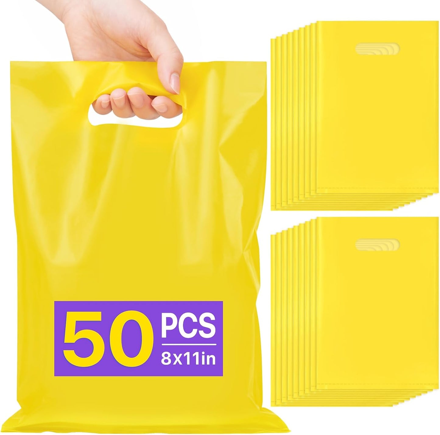 50PCS Yellow Party Favor Gift Bags 8"x11", Plastic Goodie Bag Bulk | Gift Pouches with Die Cut Handles, for Kids Birthday Halloween, Candy Treat Jewelry Sample Snack Small Business Packaging