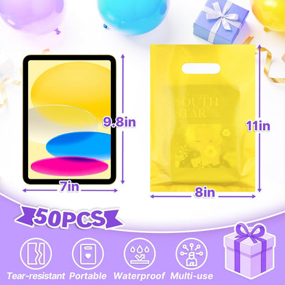 50PCS Yellow Party Favor Gift Bags 8"x11", Plastic Goodie Bag Bulk | Gift Pouches with Die Cut Handles, for Kids Birthday Halloween, Candy Treat Jewelry Sample Snack Small Business Packaging
