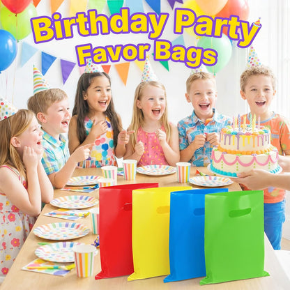 50PCS Yellow Party Favor Gift Bags 8"x11", Plastic Goodie Bag Bulk | Gift Pouches with Die Cut Handles, for Kids Birthday Halloween, Candy Treat Jewelry Sample Snack Small Business Packaging
