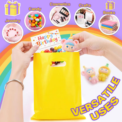 50PCS Yellow Party Favor Gift Bags 8"x11", Plastic Goodie Bag Bulk | Gift Pouches with Die Cut Handles, for Kids Birthday Halloween, Candy Treat Jewelry Sample Snack Small Business Packaging
