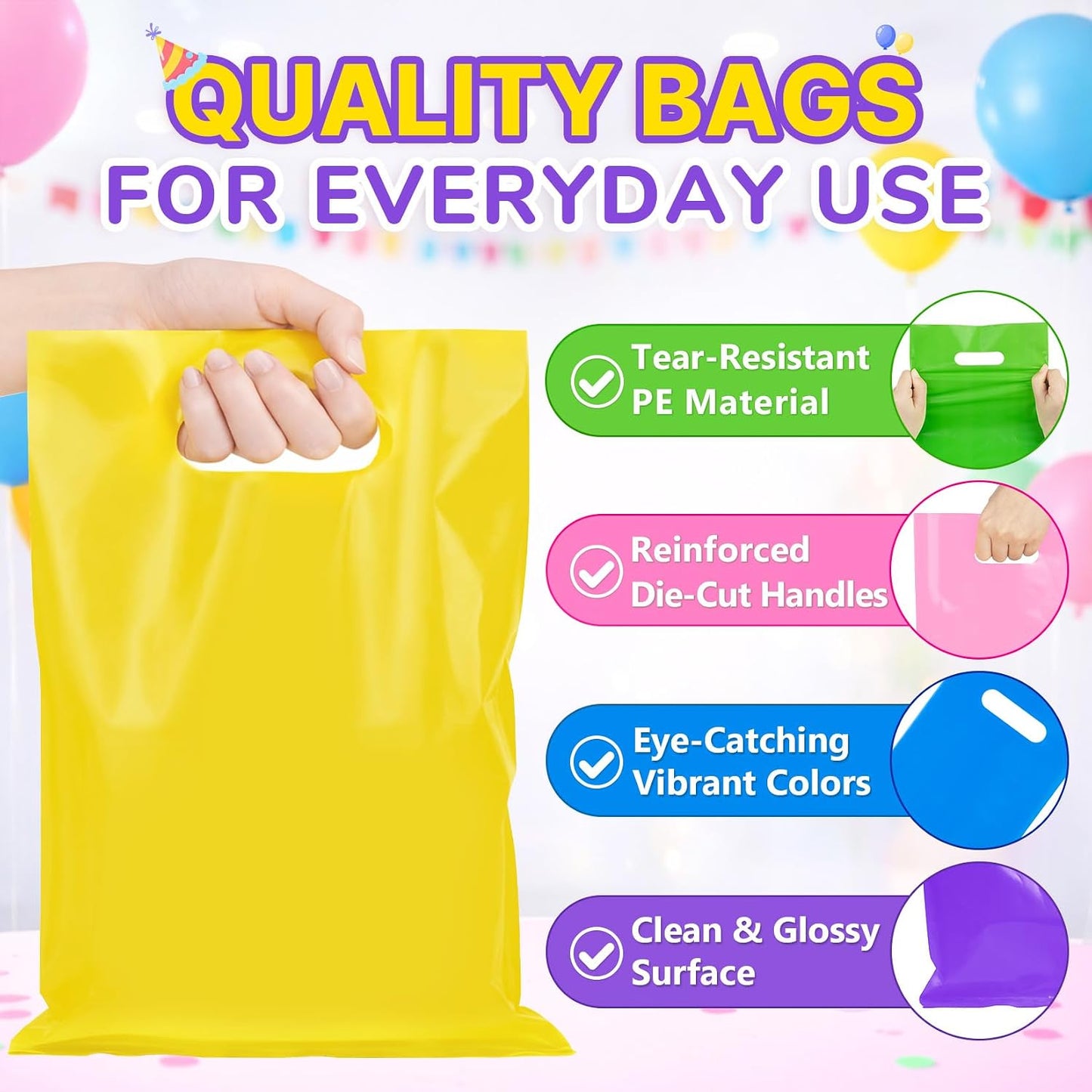 50PCS Yellow Party Favor Gift Bags 8"x11", Plastic Goodie Bag Bulk | Gift Pouches with Die Cut Handles, for Kids Birthday Halloween, Candy Treat Jewelry Sample Snack Small Business Packaging