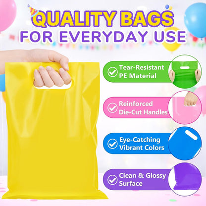 50PCS Yellow Party Favor Gift Bags 8"x11", Plastic Goodie Bag Bulk | Gift Pouches with Die Cut Handles, for Kids Birthday Halloween, Candy Treat Jewelry Sample Snack Small Business Packaging