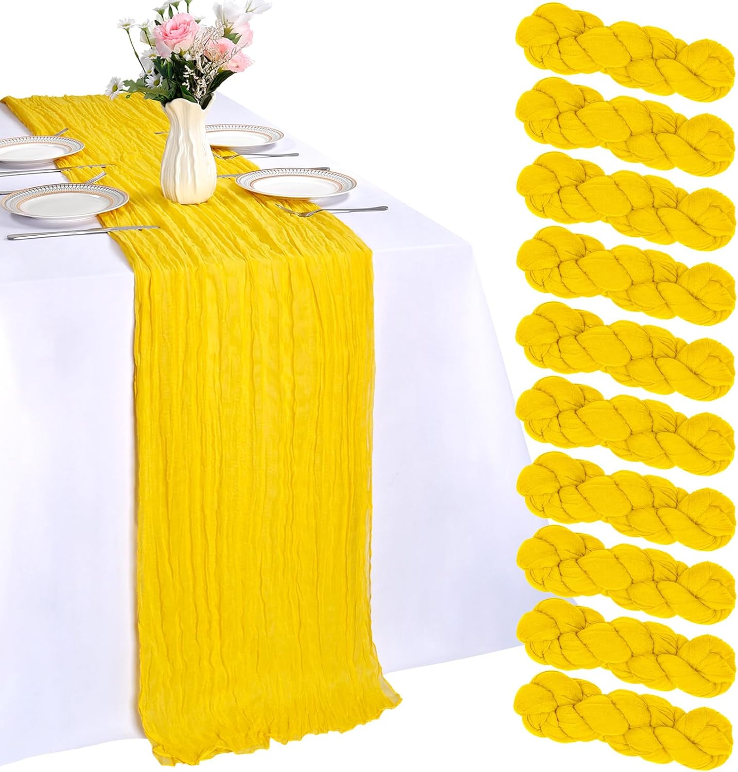 10 Pack Lemon Yellow Table Runner 10ft Cheesecloth Table Runner 120 Inch Gauze Boho Rustic Sheer Cheese Cloth for Summer Banquet Picnic Baby Shower Party Wedding Holiday Décor
