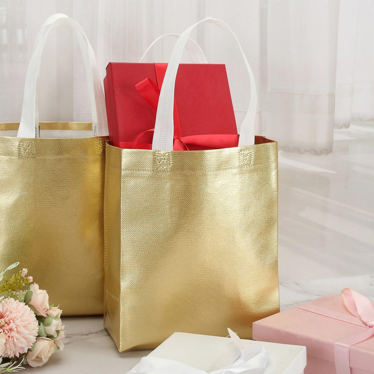 40 Pack 10 x 8 Inch Reusable Present Gift Bag, Medium Grocery Bags, Shopping Tote Bag for Weddings, Birthday, Party