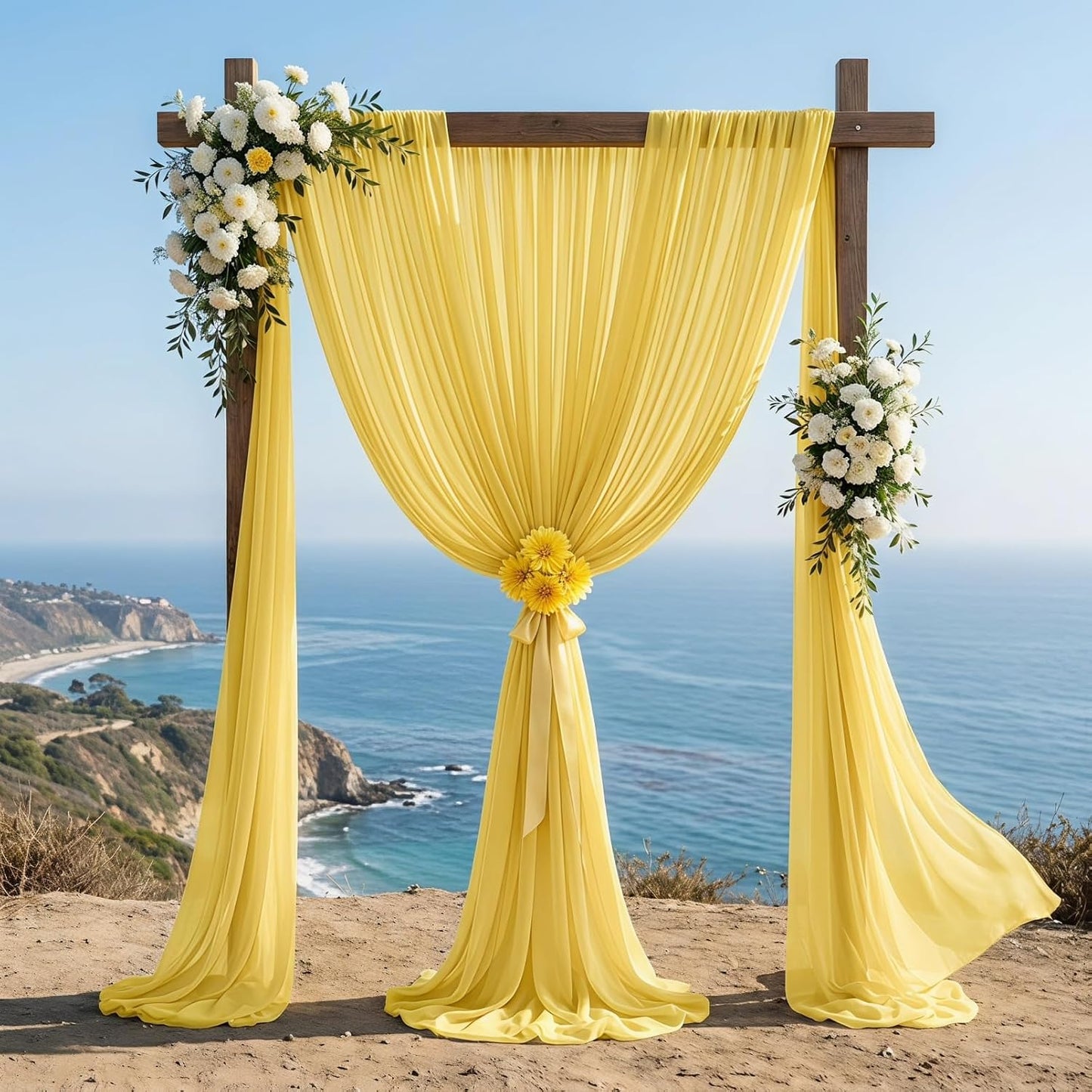 Yellow Chiffon Arch Drapes 20ft, 2 Panels Sheer Voile for Wedding | Soft Chiffon Fabric, Machine Washable, 29" Wide x 20ft Long, for Wedding Arch Backdrop, Banquet, Reception, Party Swag Decor