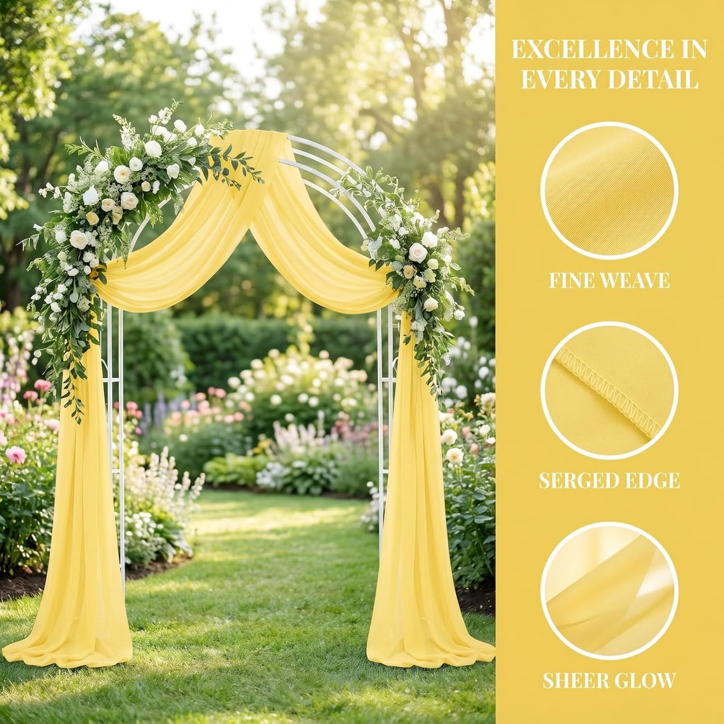 Yellow Chiffon Arch Drapes 20ft, 2 Panels Sheer Voile for Wedding | Soft Chiffon Fabric, Machine Washable, 29" Wide x 20ft Long, for Wedding Arch Backdrop, Banquet, Reception, Party Swag Decor