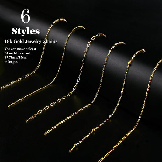 18k Gold Necklace Chains for Jewelry Making, 39.3 Feet 6 Rolls Bracelet Chains for DIY,6.5Feet Each Style, Gold Chain with Jump Rings/Lobster Clasps/Connectors
