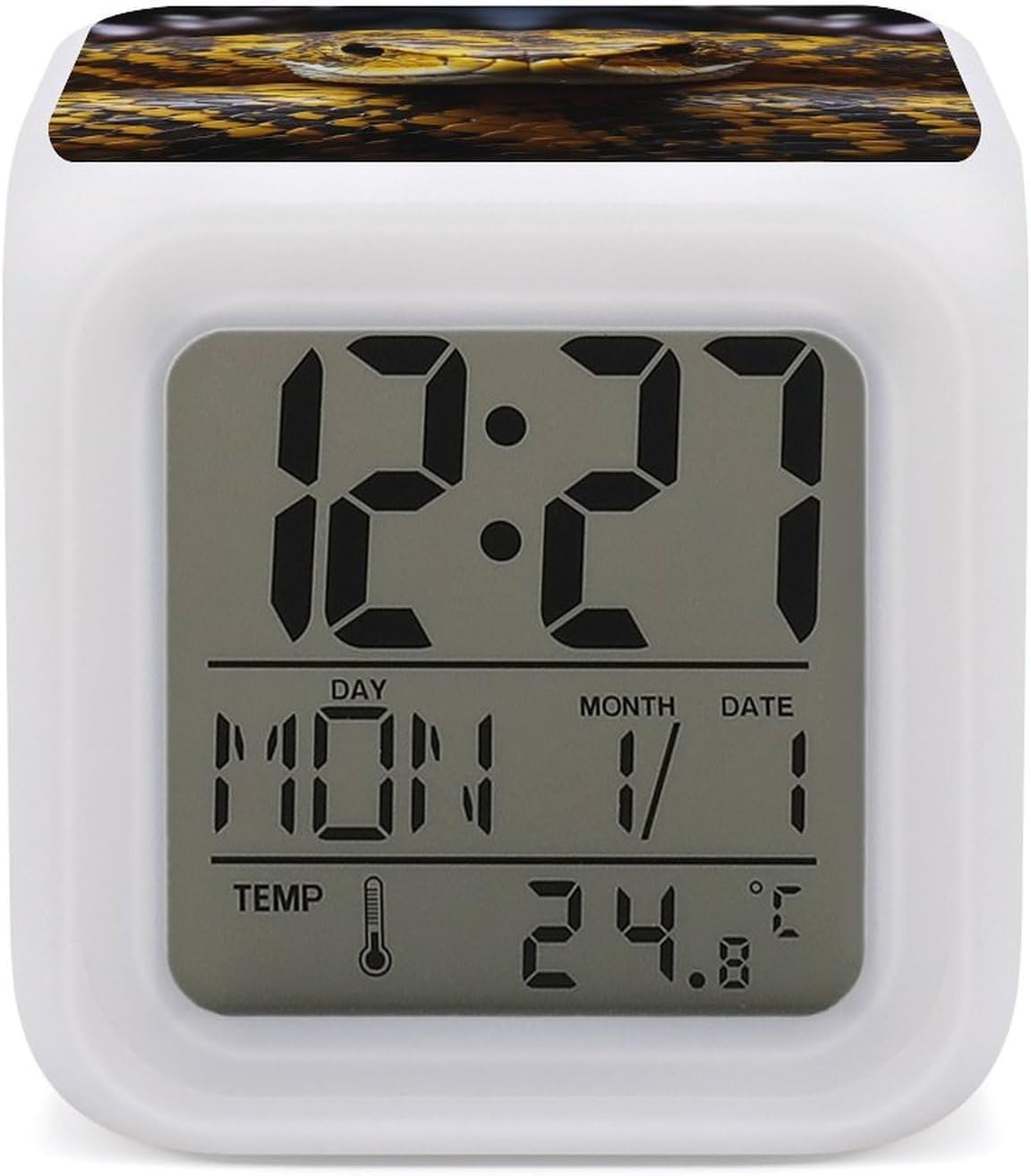 Cube Alarm Clock Creative 7 Colour LED Digital Clock with Temperature | Yellow Snake Bedside Electronic Clock Battery Operated Mute Luminous Alarm Clock Adjustable Light