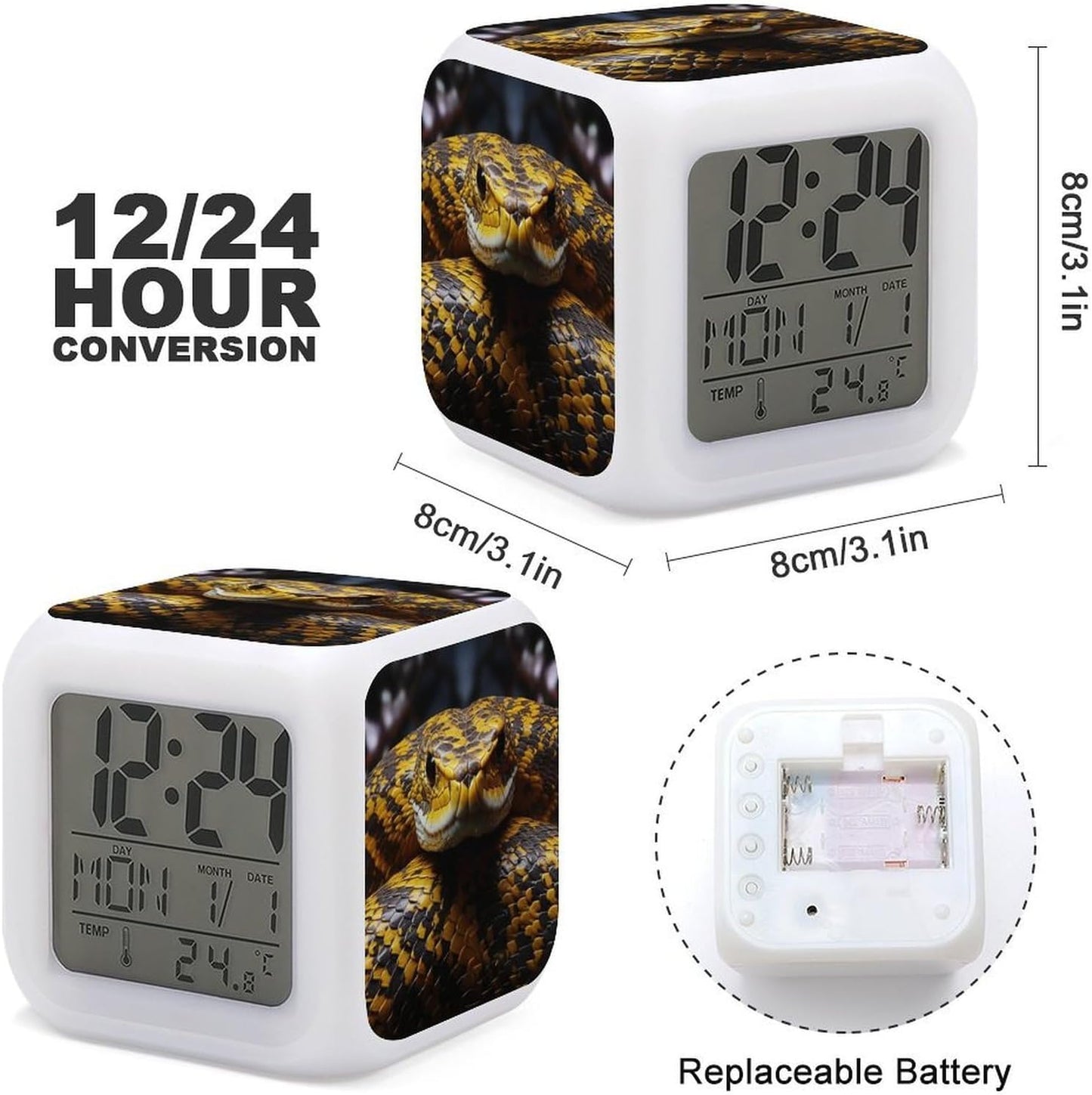 Cube Alarm Clock Creative 7 Colour LED Digital Clock with Temperature | Yellow Snake Bedside Electronic Clock Battery Operated Mute Luminous Alarm Clock Adjustable Light