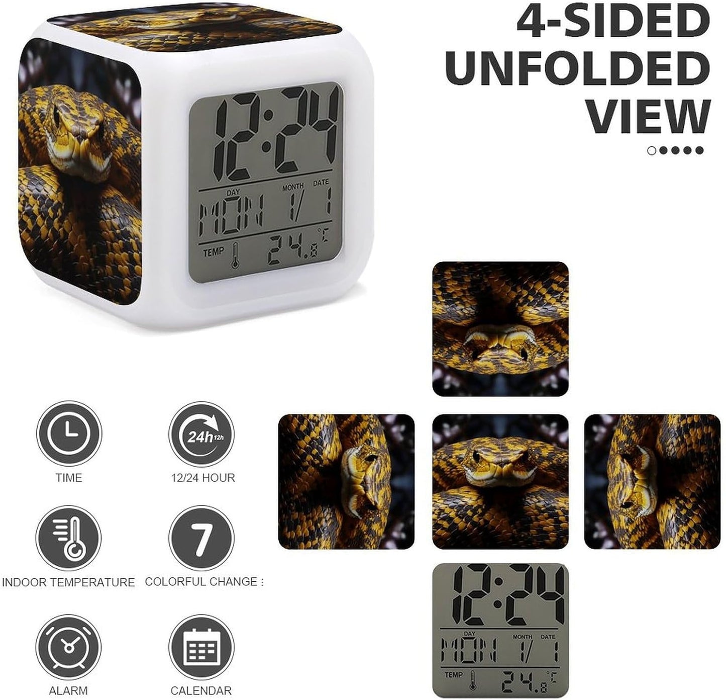 Cube Alarm Clock Creative 7 Colour LED Digital Clock with Temperature | Yellow Snake Bedside Electronic Clock Battery Operated Mute Luminous Alarm Clock Adjustable Light