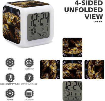 Cube Alarm Clock Creative 7 Colour LED Digital Clock with Temperature | Yellow Snake Bedside Electronic Clock Battery Operated Mute Luminous Alarm Clock Adjustable Light