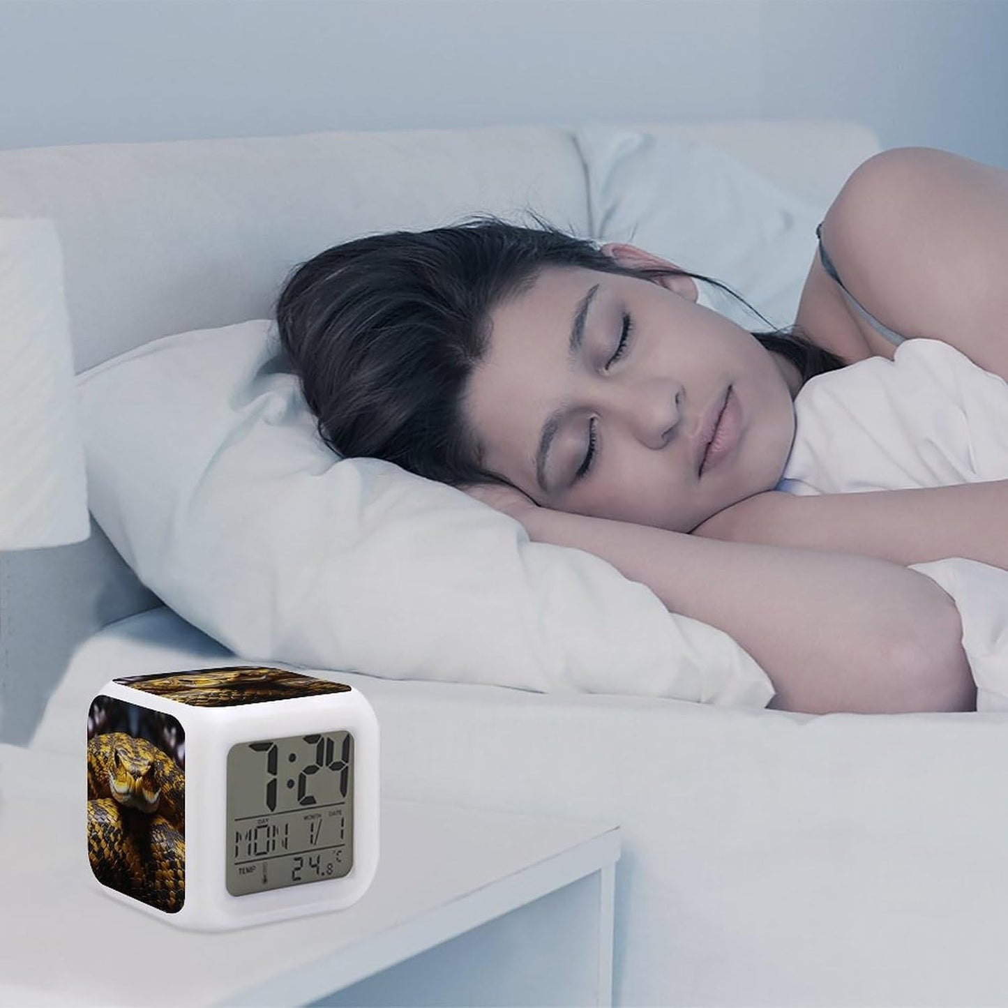 Cube Alarm Clock Creative 7 Colour LED Digital Clock with Temperature | Yellow Snake Bedside Electronic Clock Battery Operated Mute Luminous Alarm Clock Adjustable Light