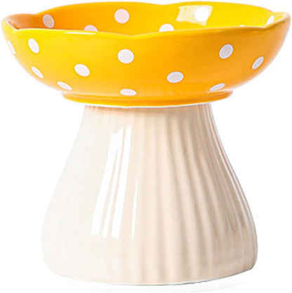 Mushroom Elevated Cat Bowls Ceramic, Cute Cat Bowls Whisker Fatigue | Raised Cat Bowl for Indoor Cats, Raised Dog Bowls Stand for Food and Water, Yellow 6" Wide for Adult Cats