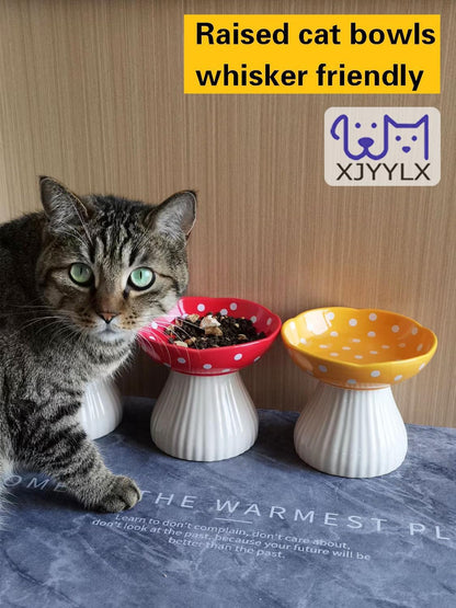 Mushroom Elevated Cat Bowls Ceramic, Cute Cat Bowls Whisker Fatigue | Raised Cat Bowl for Indoor Cats, Raised Dog Bowls Stand for Food and Water, Yellow 6" Wide for Adult Cats