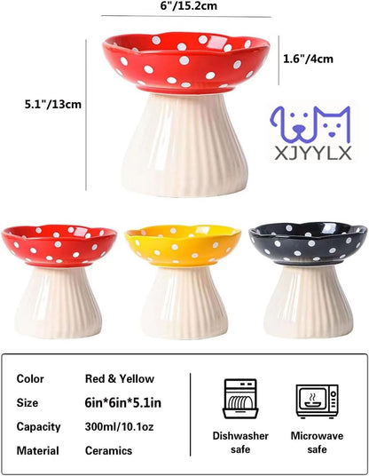 Mushroom Elevated Cat Bowls Ceramic, Cute Cat Bowls Whisker Fatigue | Raised Cat Bowl for Indoor Cats, Raised Dog Bowls Stand for Food and Water, Yellow 6" Wide for Adult Cats