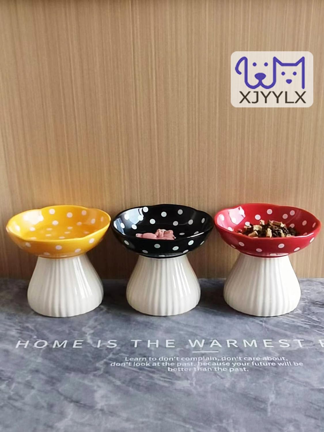 Mushroom Elevated Cat Bowls Ceramic, Cute Cat Bowls Whisker Fatigue | Raised Cat Bowl for Indoor Cats, Raised Dog Bowls Stand for Food and Water, Yellow 6" Wide for Adult Cats