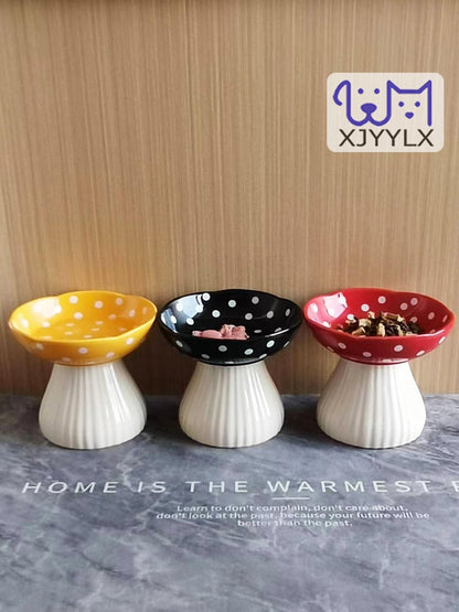 Mushroom Elevated Cat Bowls Ceramic, Cute Cat Bowls Whisker Fatigue | Raised Cat Bowl for Indoor Cats, Raised Dog Bowls Stand for Food and Water, Yellow 6" Wide for Adult Cats