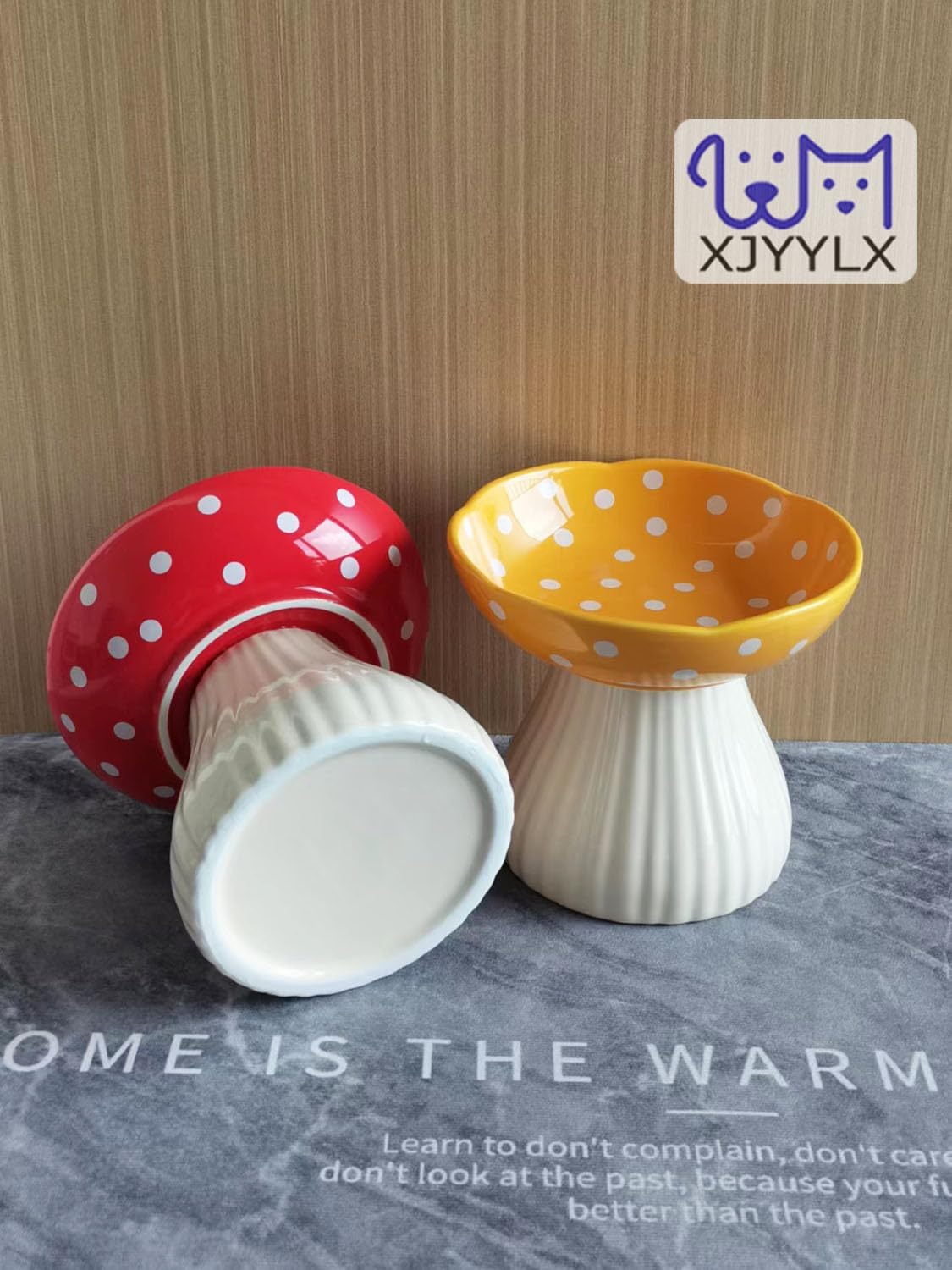 Mushroom Elevated Cat Bowls Ceramic, Cute Cat Bowls Whisker Fatigue | Raised Cat Bowl for Indoor Cats, Raised Dog Bowls Stand for Food and Water, Yellow 6" Wide for Adult Cats