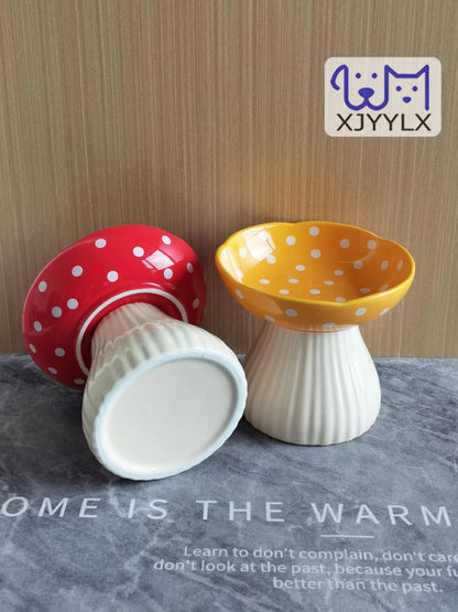 Mushroom Elevated Cat Bowls Ceramic, Cute Cat Bowls Whisker Fatigue | Raised Cat Bowl for Indoor Cats, Raised Dog Bowls Stand for Food and Water, Yellow 6" Wide for Adult Cats