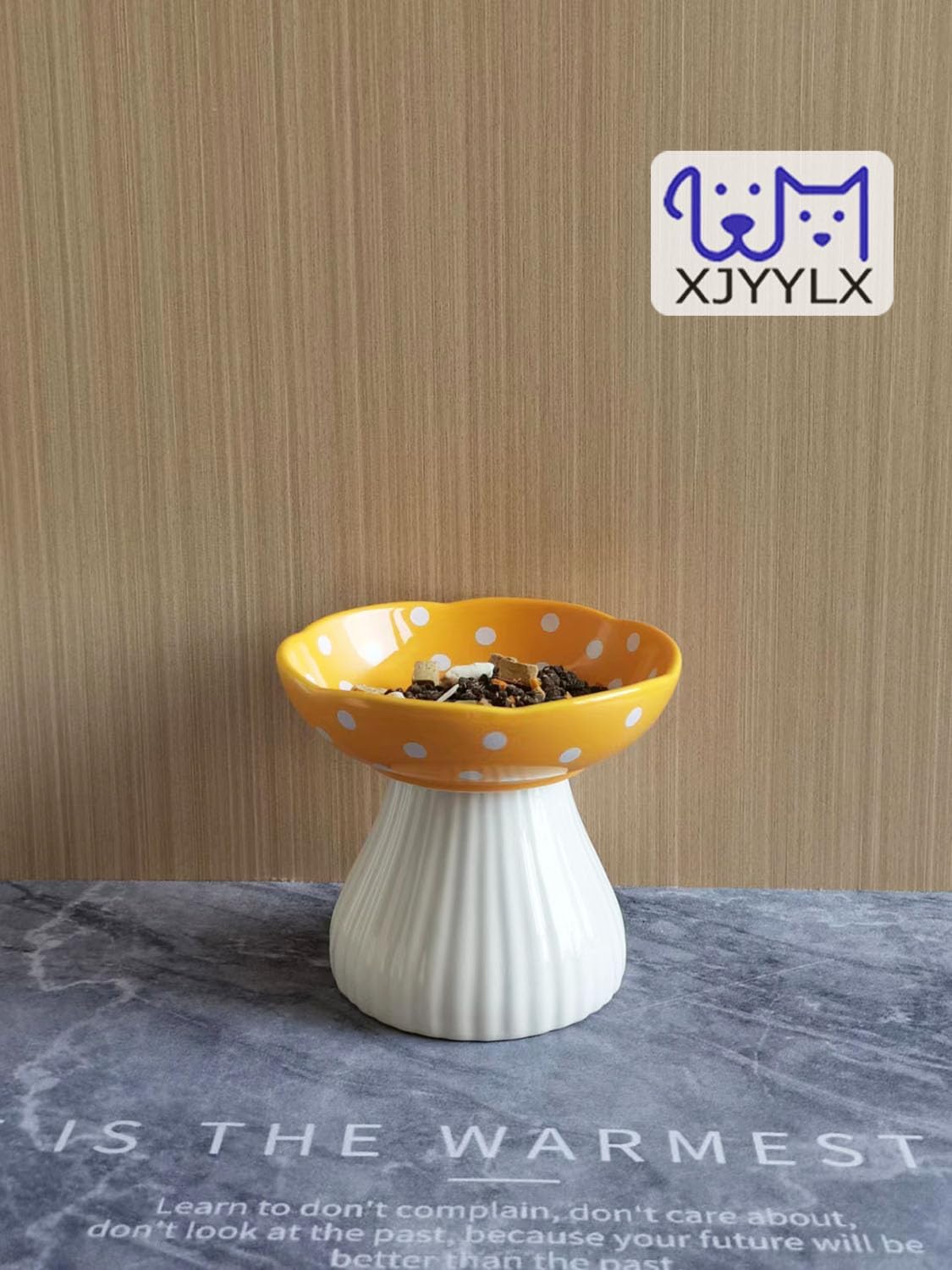 Mushroom Elevated Cat Bowls Ceramic, Cute Cat Bowls Whisker Fatigue | Raised Cat Bowl for Indoor Cats, Raised Dog Bowls Stand for Food and Water, Yellow 6" Wide for Adult Cats