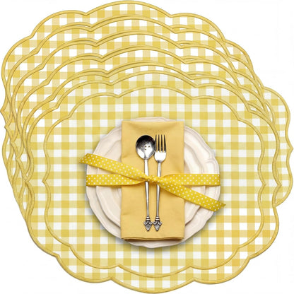 Set of 6 Yellow Gingham Placemats Scalloped Embroidered Cotton Linen Placemats 17" x 13" Double Layered Machine Washable Table Place Mat for Wedding Birthday Baby Shower Party Table Decor