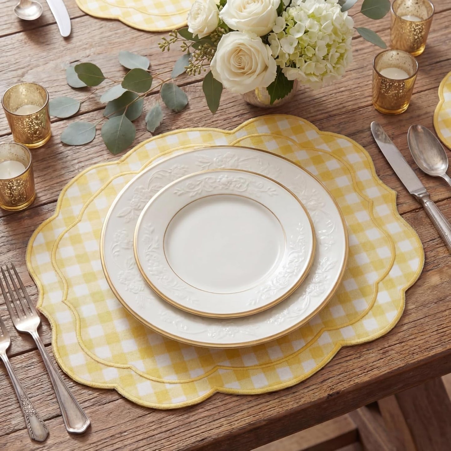 Set of 6 Yellow Gingham Placemats Scalloped Embroidered Cotton Linen Placemats 17" x 13" Double Layered Machine Washable Table Place Mat for Wedding Birthday Baby Shower Party Table Decor