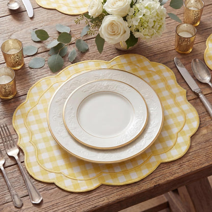 Set of 6 Yellow Gingham Placemats Scalloped Embroidered Cotton Linen Placemats 17" x 13" Double Layered Machine Washable Table Place Mat for Wedding Birthday Baby Shower Party Table Decor