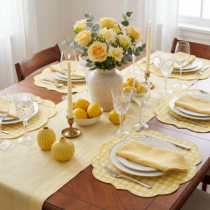 Set of 6 Yellow Gingham Placemats Scalloped Embroidered Cotton Linen Placemats 17" x 13" Double Layered Machine Washable Table Place Mat for Wedding Birthday Baby Shower Party Table Decor