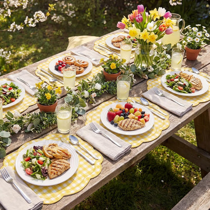 Set of 6 Yellow Gingham Placemats Scalloped Embroidered Cotton Linen Placemats 17" x 13" Double Layered Machine Washable Table Place Mat for Wedding Birthday Baby Shower Party Table Decor