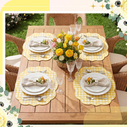 Set of 6 Yellow Gingham Placemats Scalloped Embroidered Cotton Linen Placemats 17" x 13" Double Layered Machine Washable Table Place Mat for Wedding Birthday Baby Shower Party Table Decor