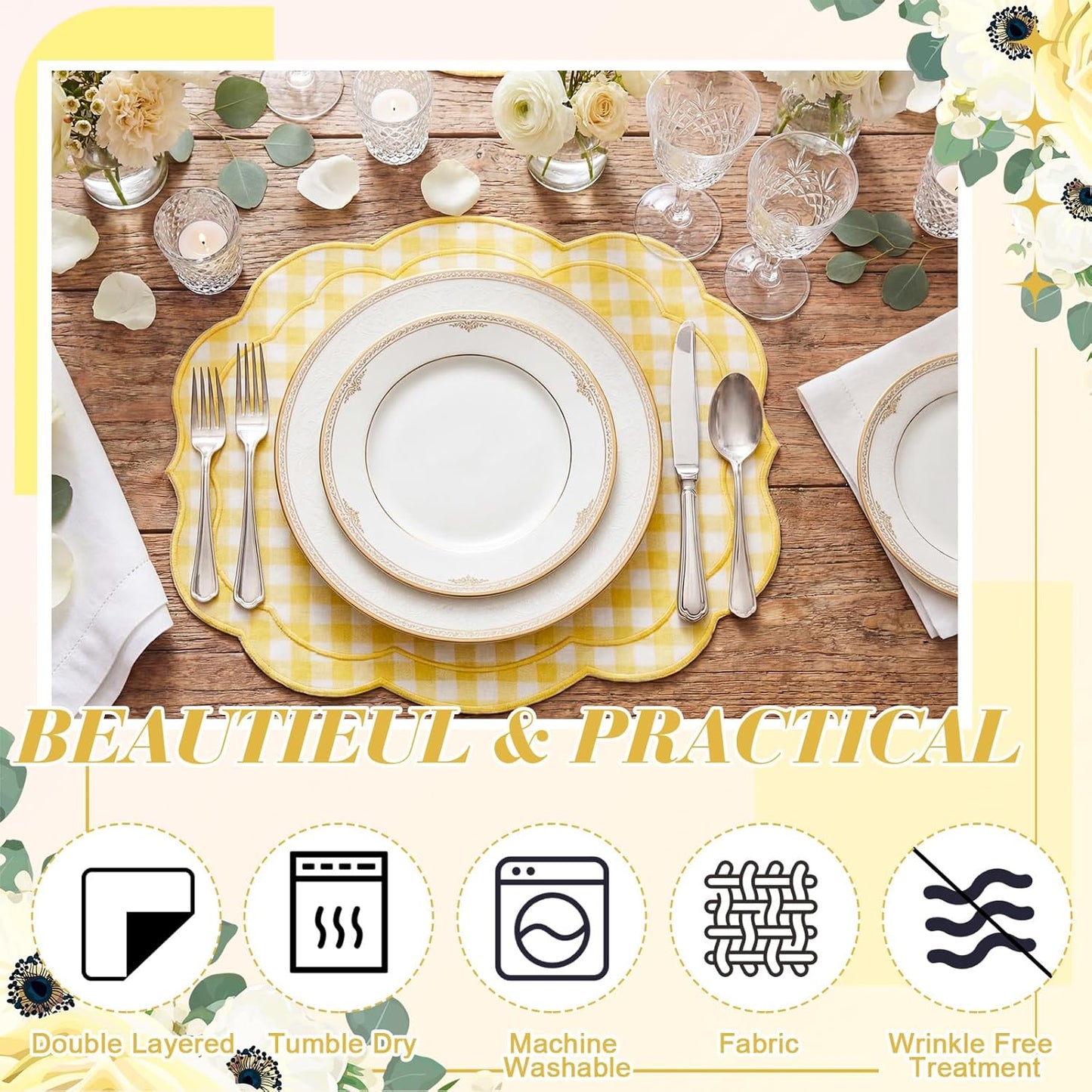Set of 6 Yellow Gingham Placemats Scalloped Embroidered Cotton Linen Placemats 17" x 13" Double Layered Machine Washable Table Place Mat for Wedding Birthday Baby Shower Party Table Decor