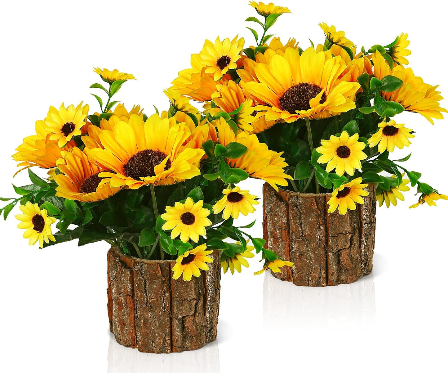 Artificial Flowers Fake Silk Sunflower Flower in Planters, Yellow | Flower Vase Small Rustic Potted Flower Arrangements Artificial for Home Outdoors Tabletop Decor Set of 2